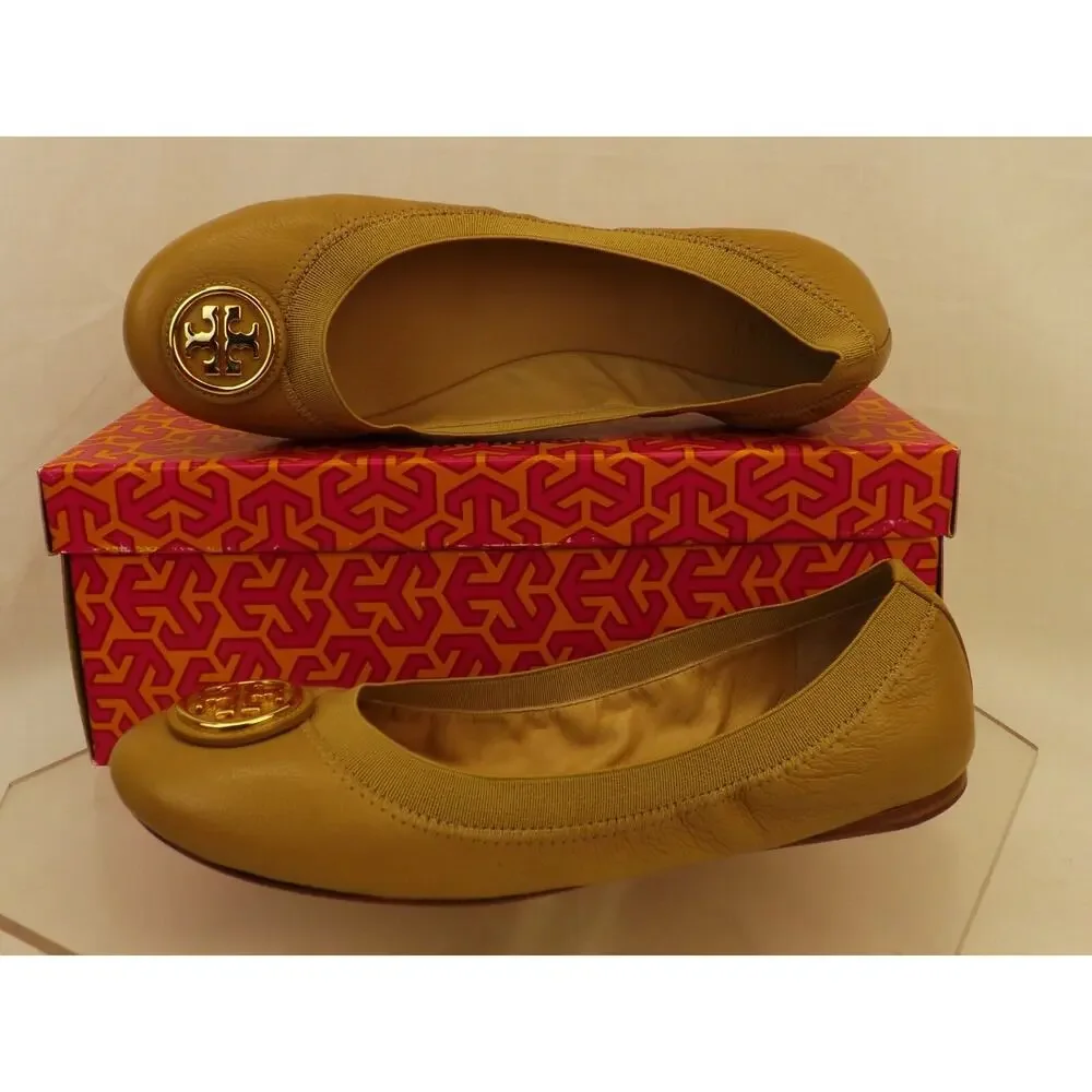 NIB TORY BURCH CAROLINE 2 DARK SAND LEATHER GOLD REVA NELLIE BALLET FLATS 7.5